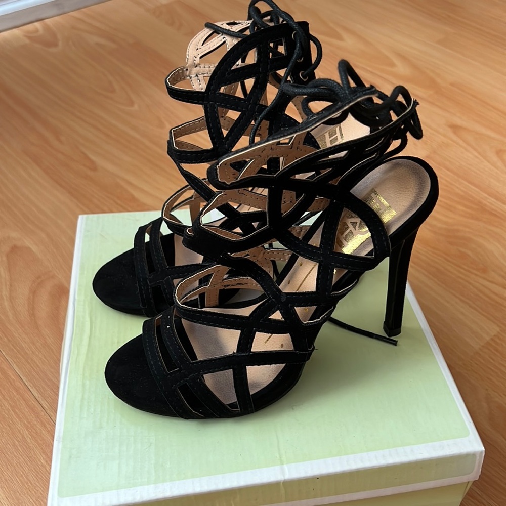 LULUs Whirlwind Romance Black Suede Caged Heels